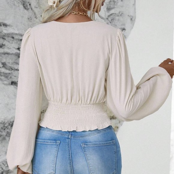 Apricot Boho Womens Lantern Sleeve Ruched Blouse - Picture 2 of 5